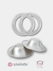 Silverette® cups and O-Feel™ ring logo, showcasing the product branding and sleek design of the nursing and breastfeeding accessories.