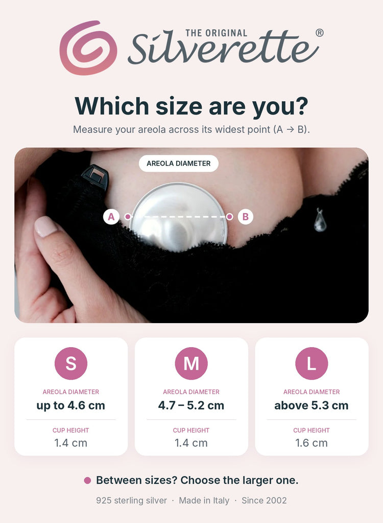 Silverette 925 sterling silver nursing cups size guide – choose Small, Medium or Large by areola diameter for breastfeeding